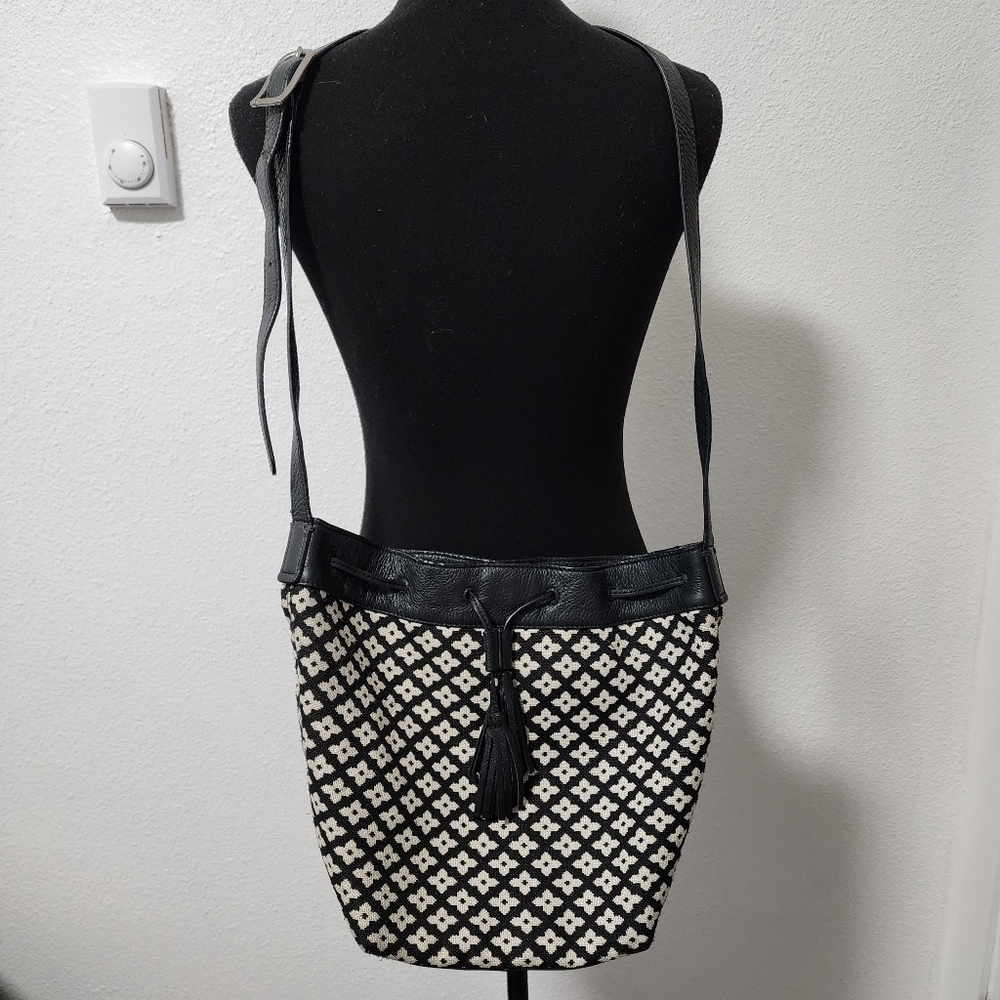J. Jill Black & White Geometric Pattern Tapestry Bucket Bag